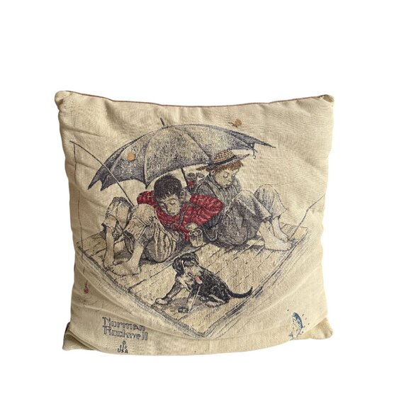 Vintage Norman Rockwell Pillow 2 Boys 1 Dog Fishing Fishermans Paradise - Picture 1 of 7